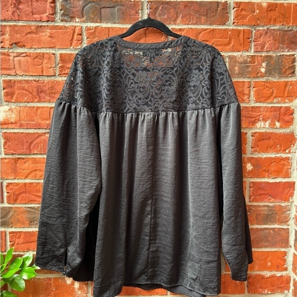 Lane Bryant 26 Black Lace Shoulder Bow Tie Long Sleeve Blouse Career Office - Picture 4 of 10